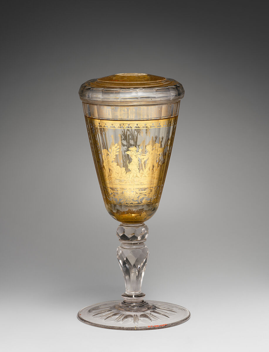 Standing cup with cover with scene of stag hunt, Zwischengold glass, Bohemian