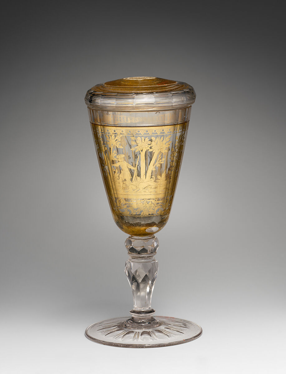 Standing cup with cover with scene of stag hunt, Zwischengold glass, Bohemian