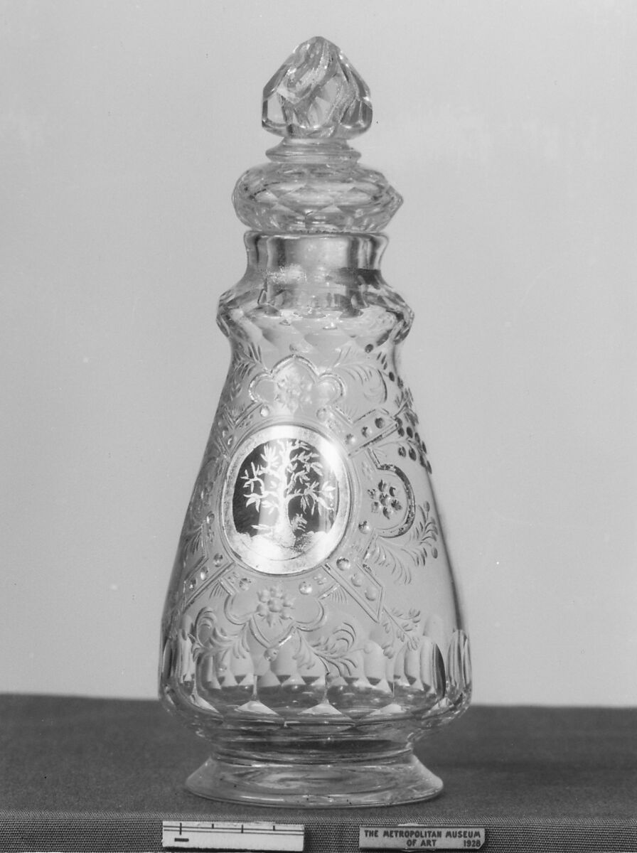 Bottle with stopper, Glass, verre églomisé, Bohemian 