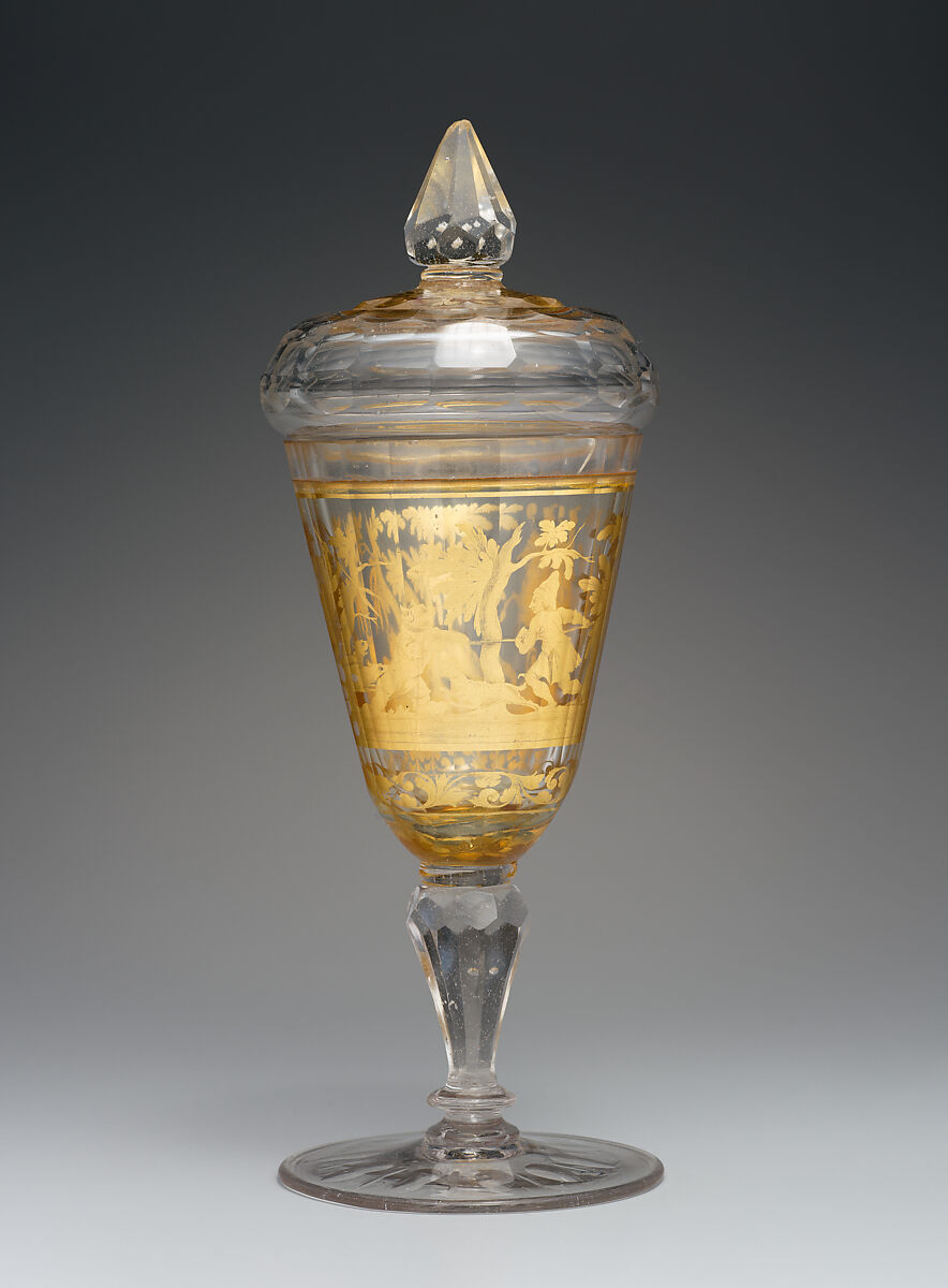 Standing cup with cover, Zwischengold glass, Bohemian