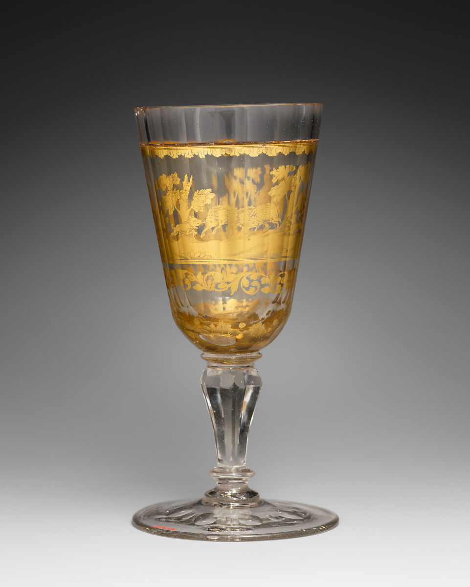 Standing cup with hunting scene, Zwischengold glass, Bohemian