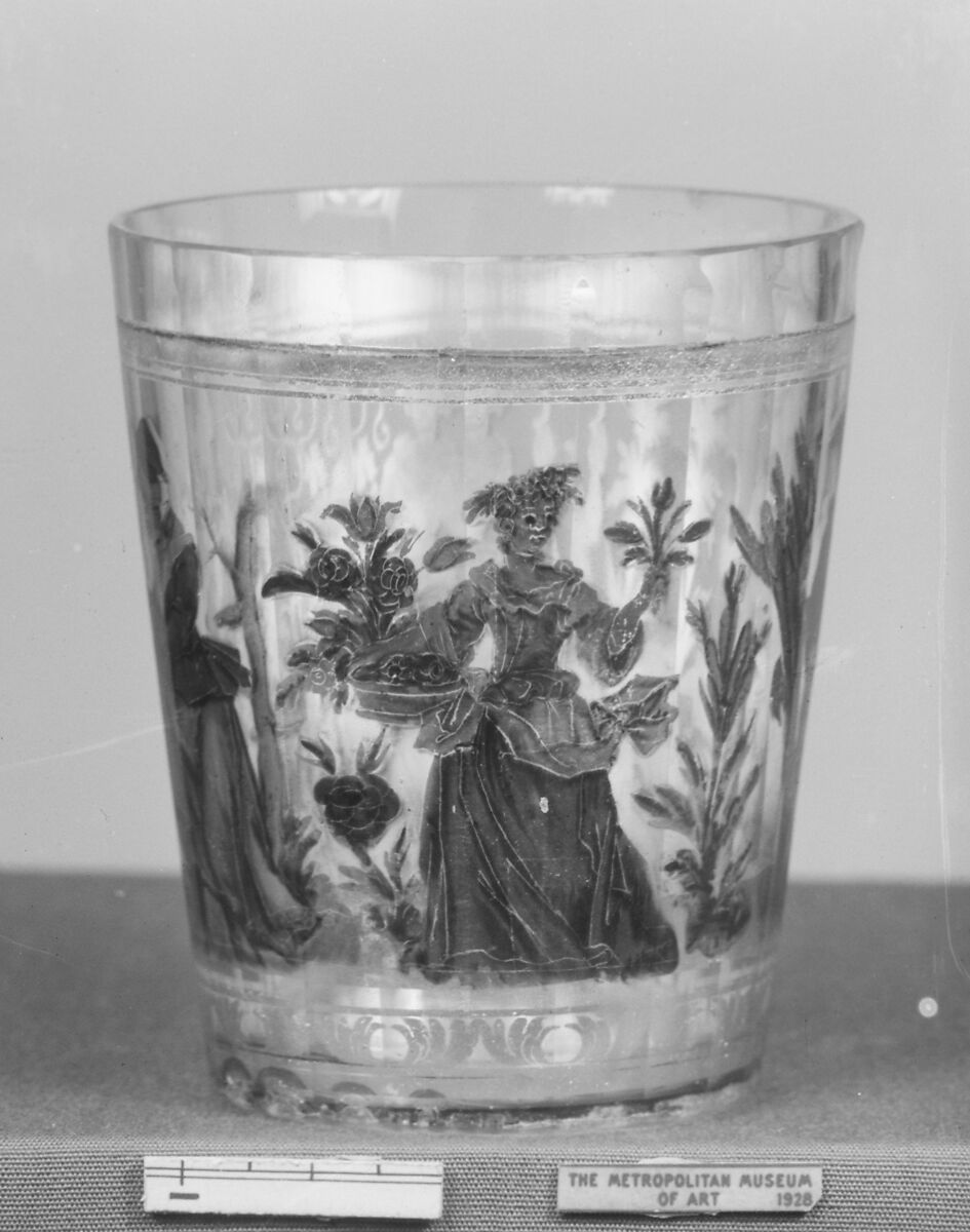 Allegory of the Seasons, Zwischengold glass with silver leaf, Bohemian 