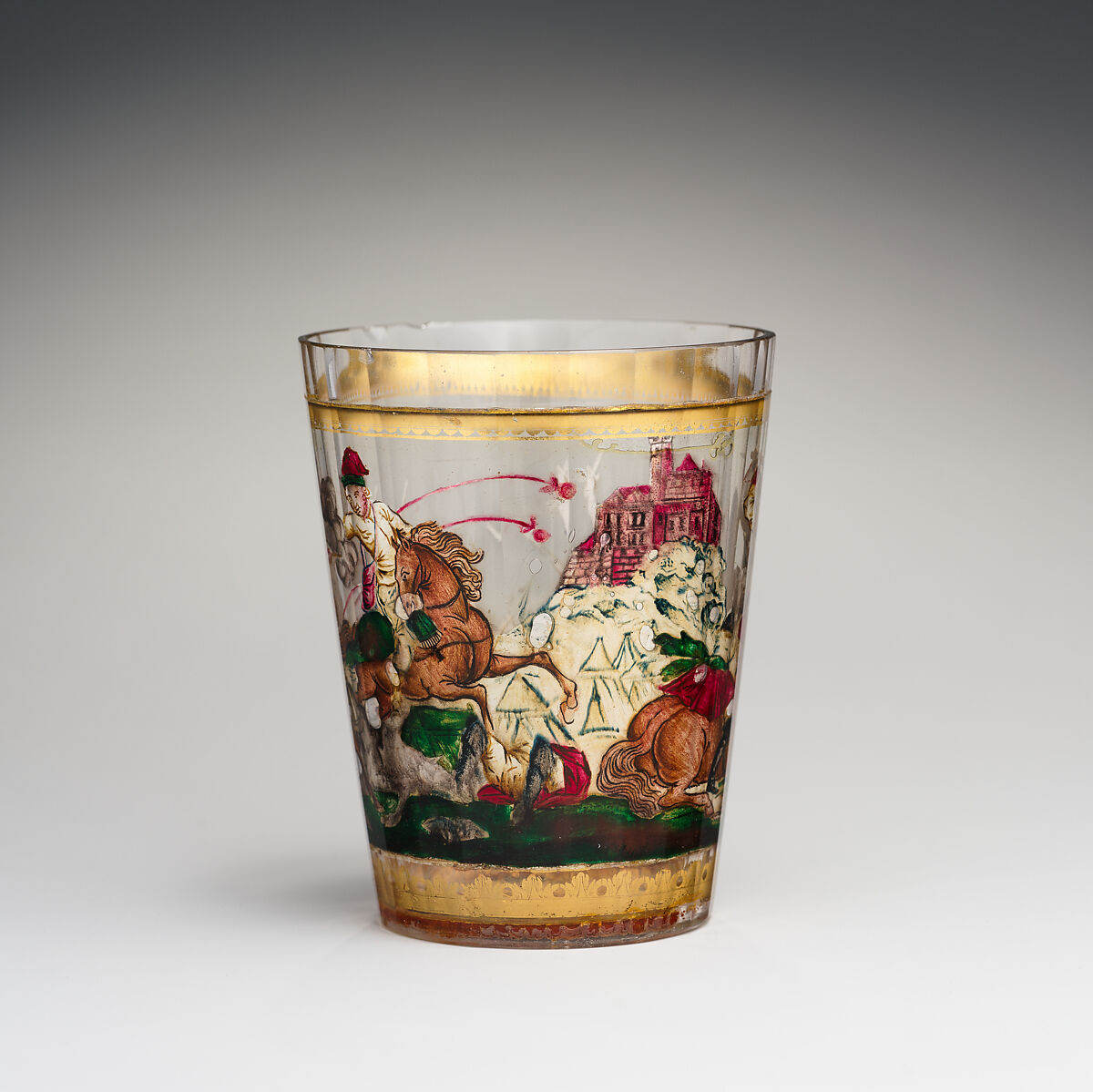 Cavalry in combat, Zwischengold glass with silver leaf, Bohemian