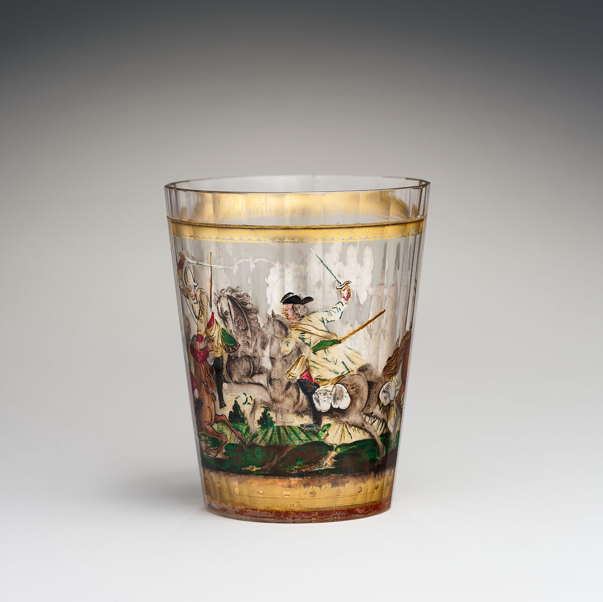 Cavalry in combat, Zwischengold glass with silver leaf, Bohemian