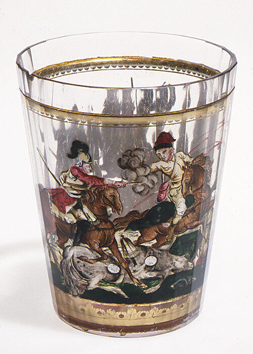 Cavalry in combat, Zwischengold glass with silver leaf, Bohemian 