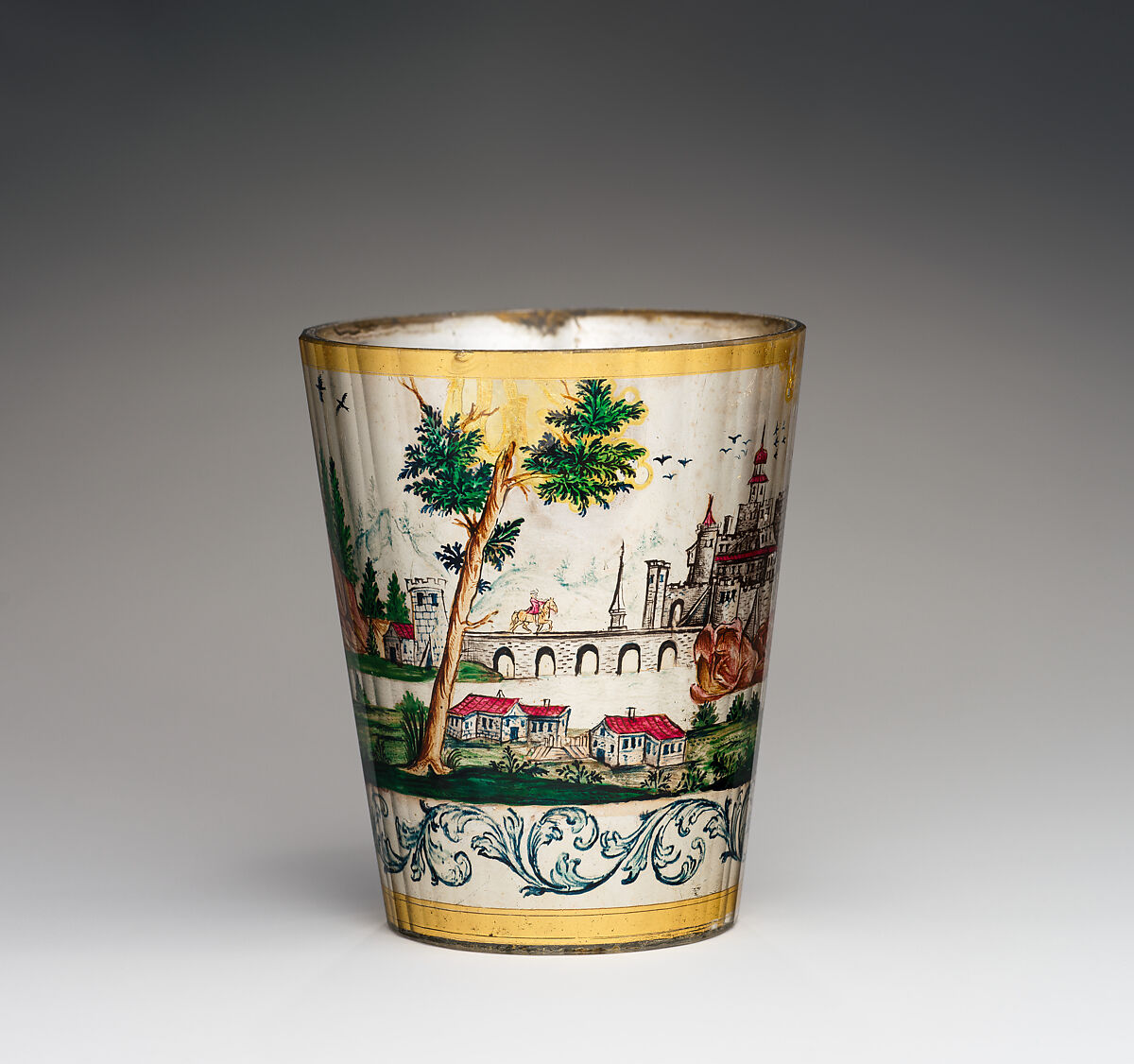 Horsemen with castle vista, Zwischengold glass with silver leaf, Bohemian