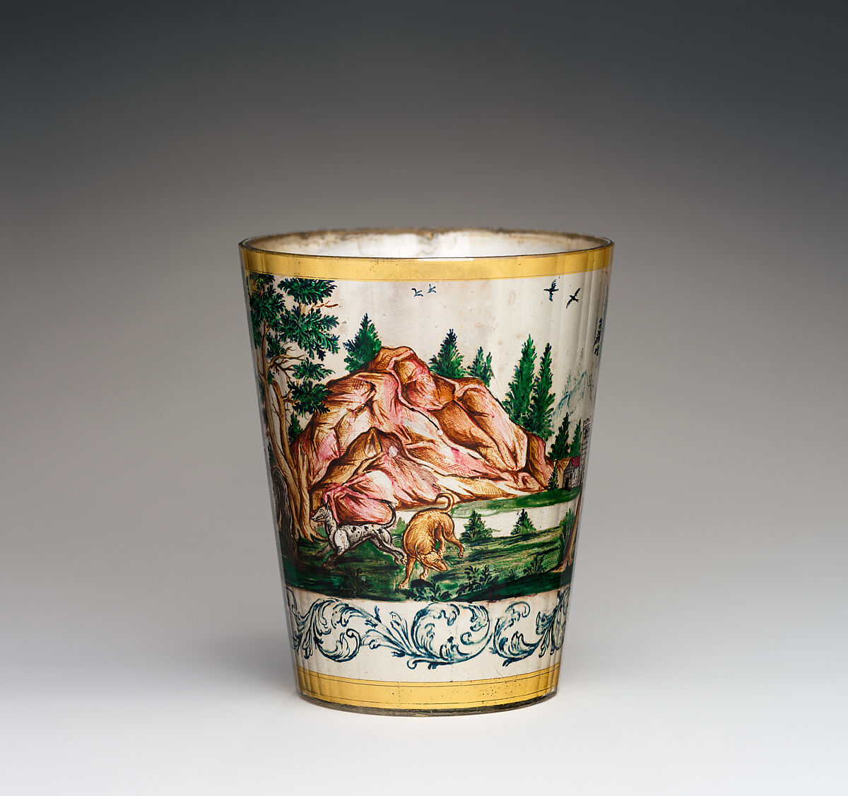 Horsemen with castle vista, Zwischengold glass with silver leaf, Bohemian