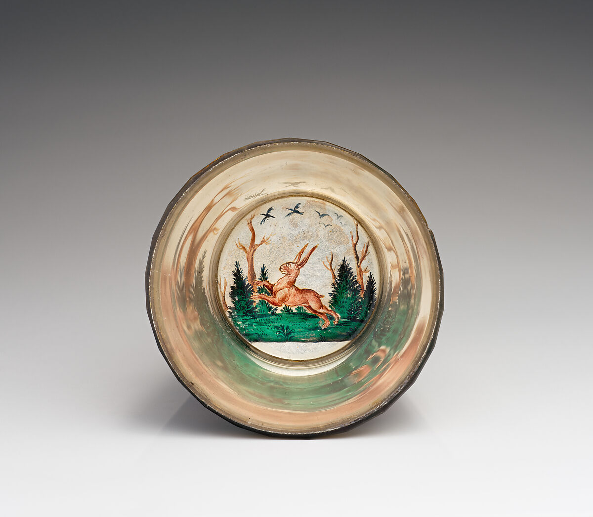 Horsemen with castle vista, Zwischengold glass with silver leaf, Bohemian