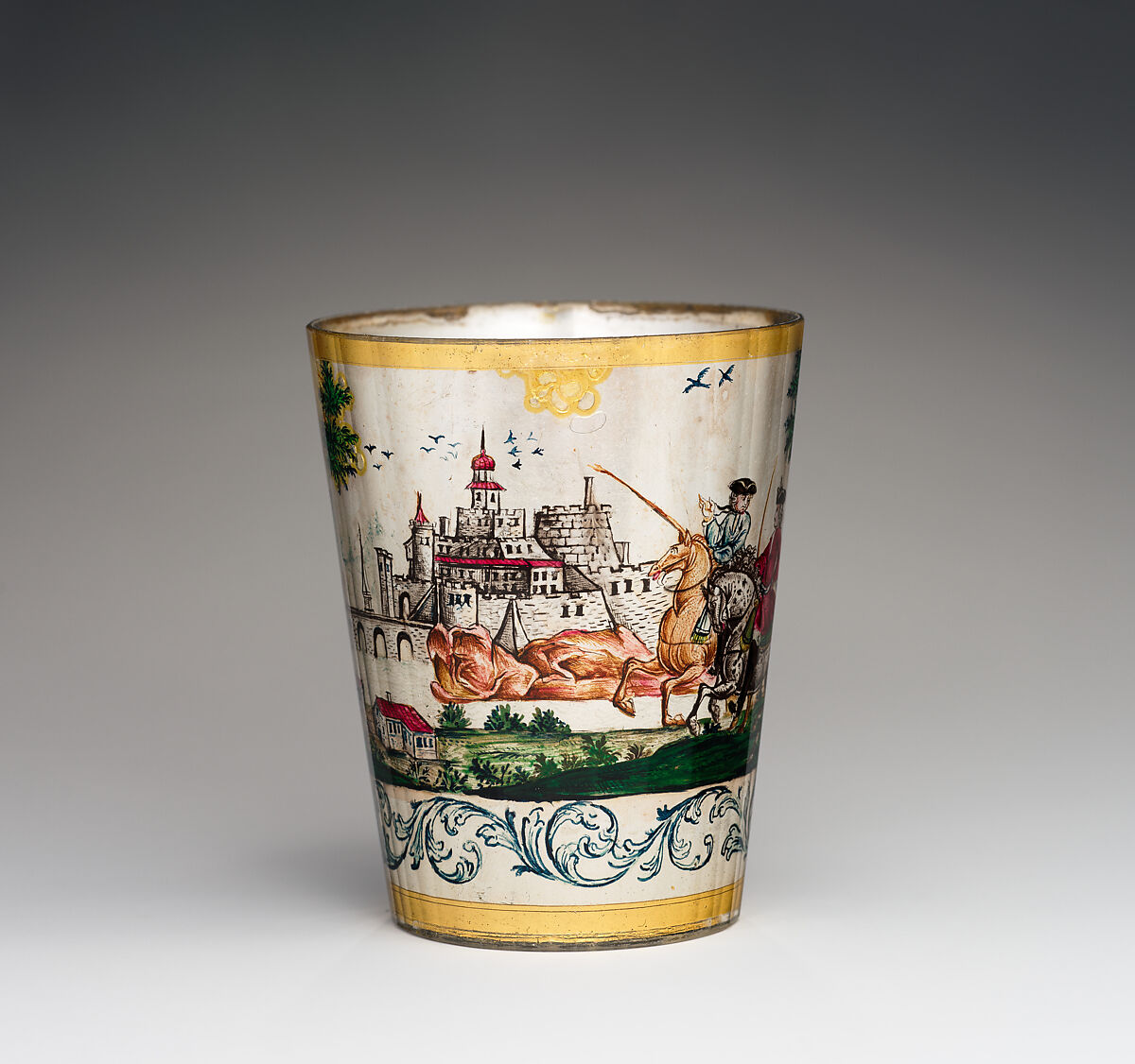 Horsemen with castle vista, Zwischengold glass with silver leaf, Bohemian