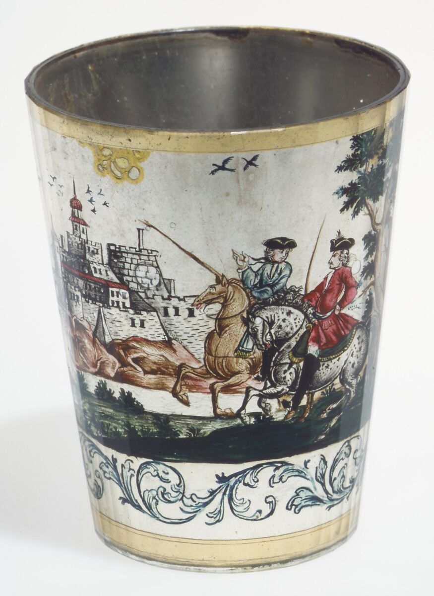 Horsemen with castle vista, Zwischengold glass with silver leaf, Bohemian 