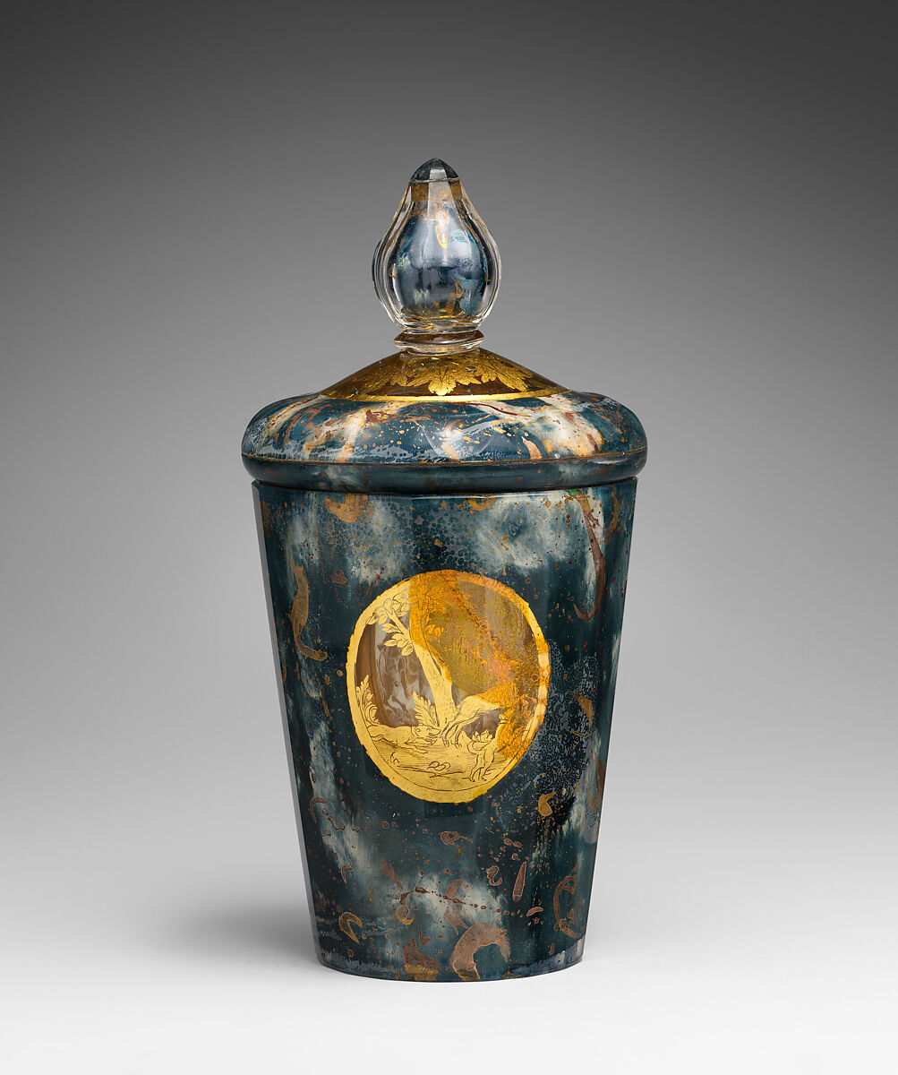 Beaker with medallions with hunting scenes, Lacquered and gilt double-walled glass imitating polished marble, with metallic particles; applied Zwischengold glass medallion, Bohemian