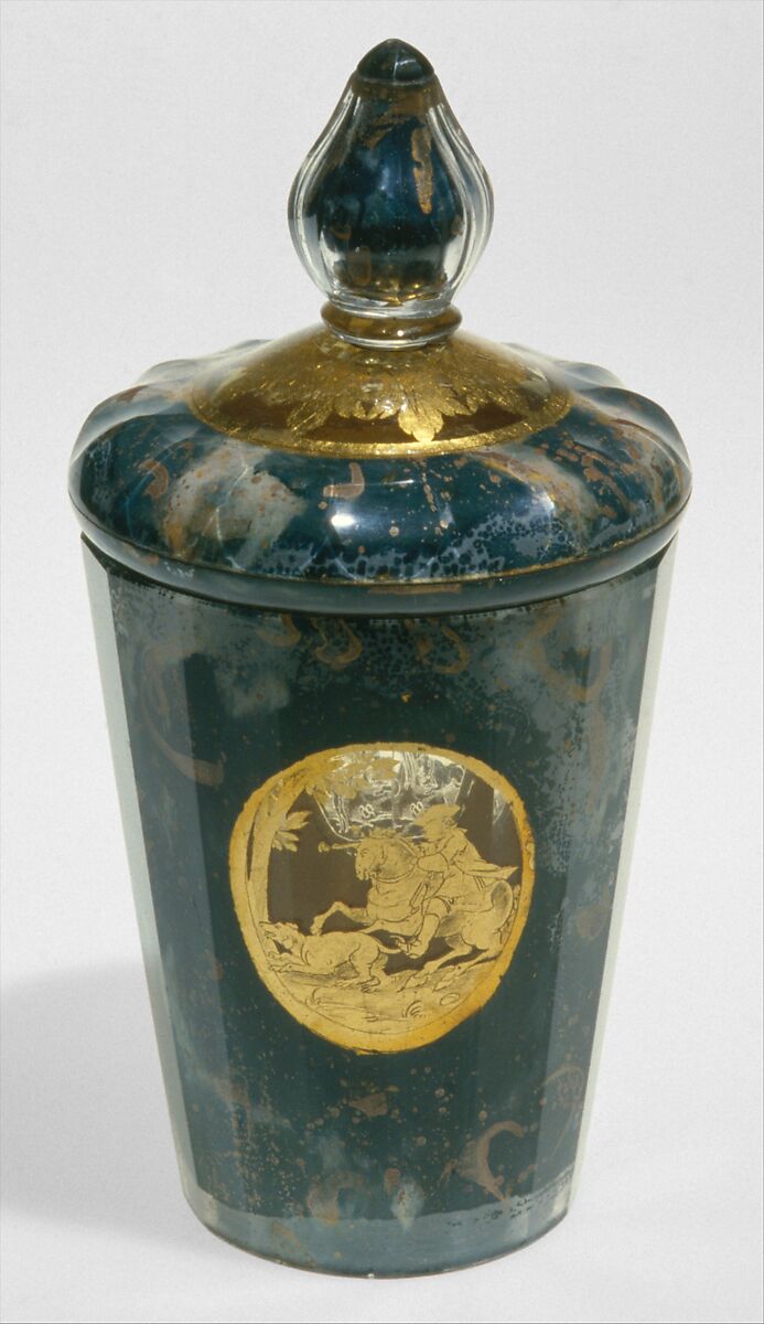 Beaker with medallions with hunting scenes, Lacquered and gilt double-walled glass imitating polished marble, with metallic particles; applied Zwischengold glass medallion, Bohemian 
