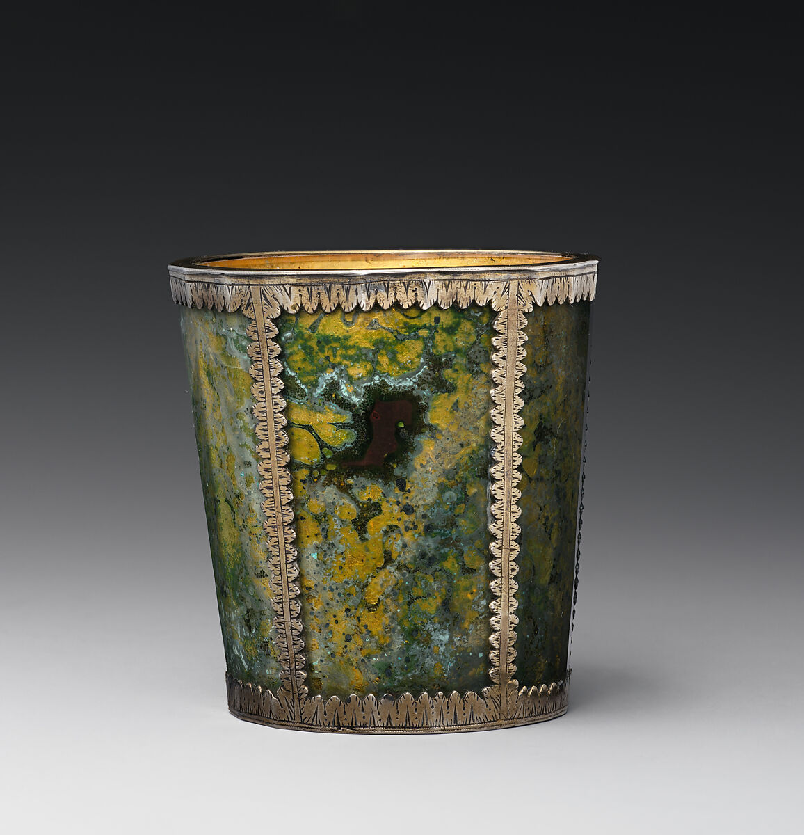 Beaker, Lacquered and gilt double-walled glass (zwischengold) imitating polished, variegated marble; silver-gilt rim, German, Stuttgart