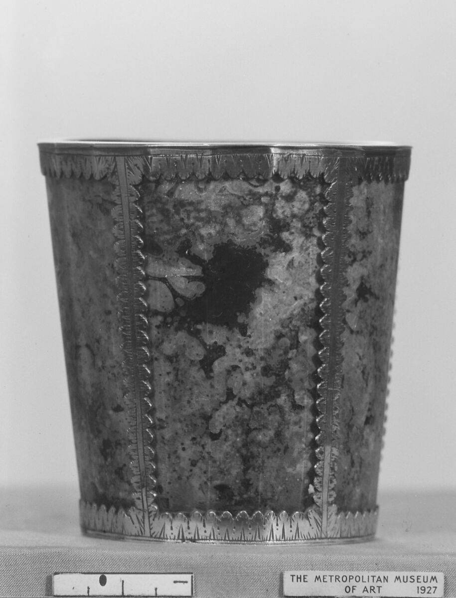 Beaker, Lacquered and gilt double-walled glass (zwischengold) imitating polished, variegated marble; silver-gilt rim, German, Stuttgart 