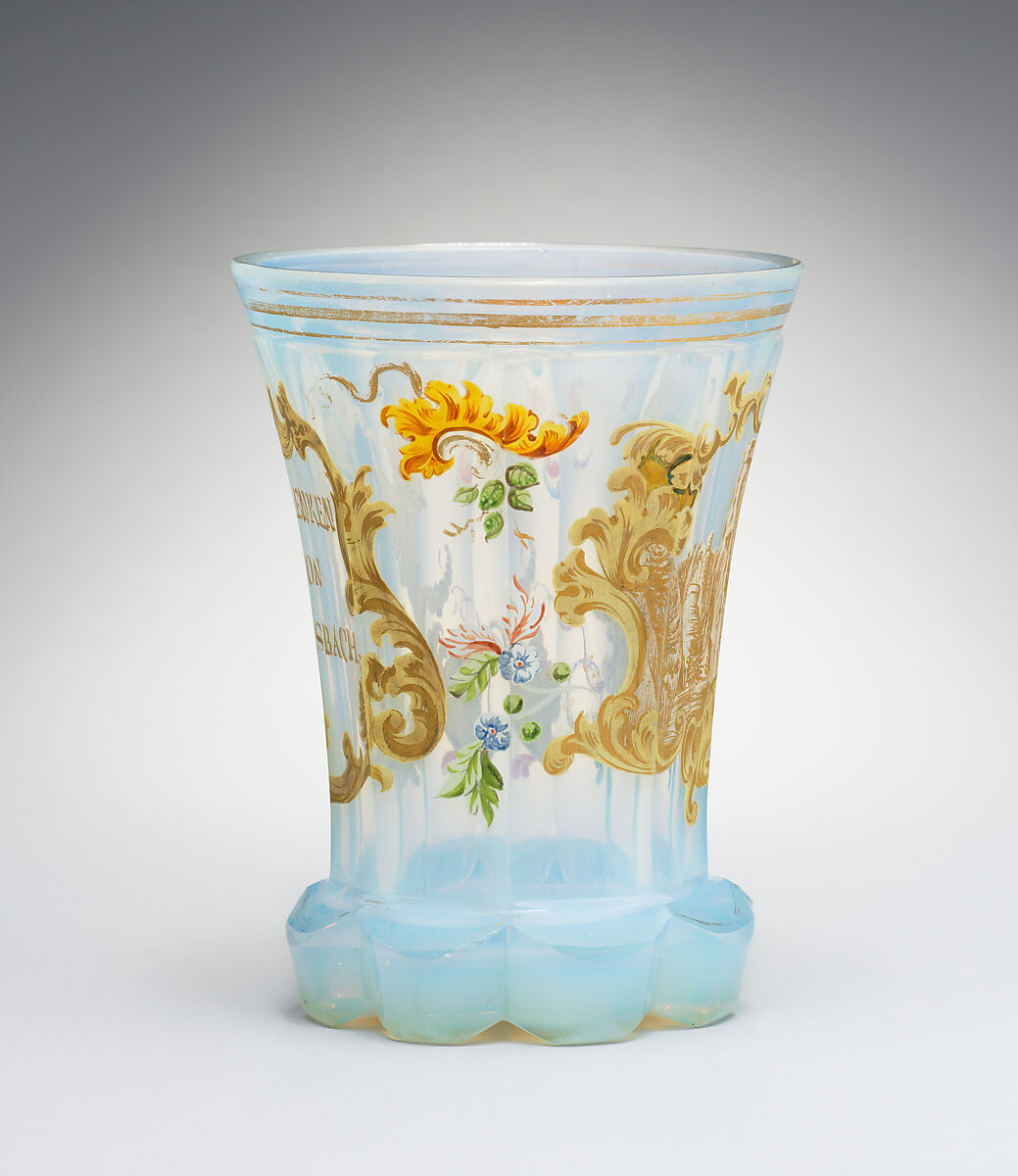 Beaker, Opal glass, enamel with gilt flourishes, Bohemian