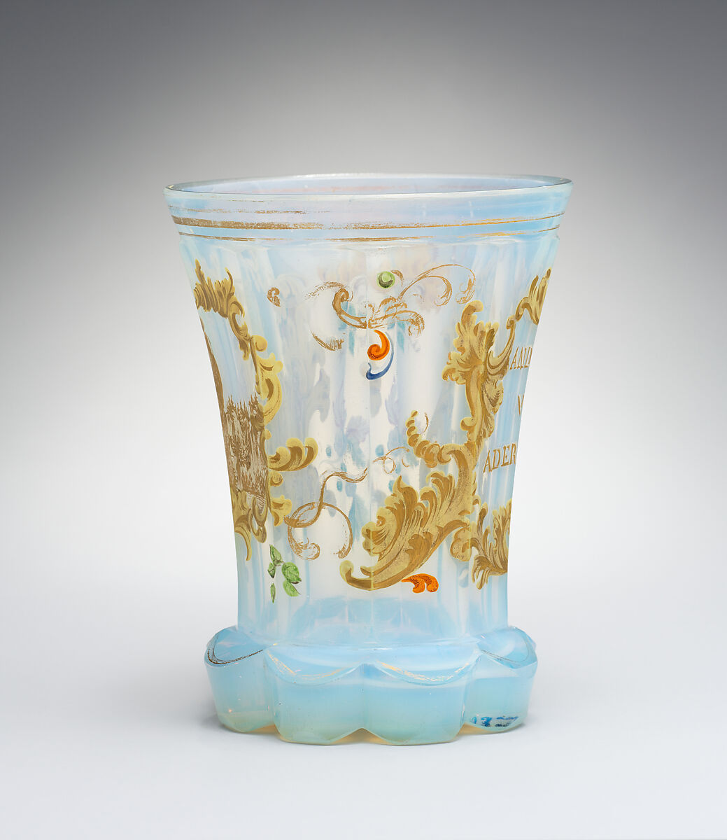 Beaker, Opal glass, enamel with gilt flourishes, Bohemian