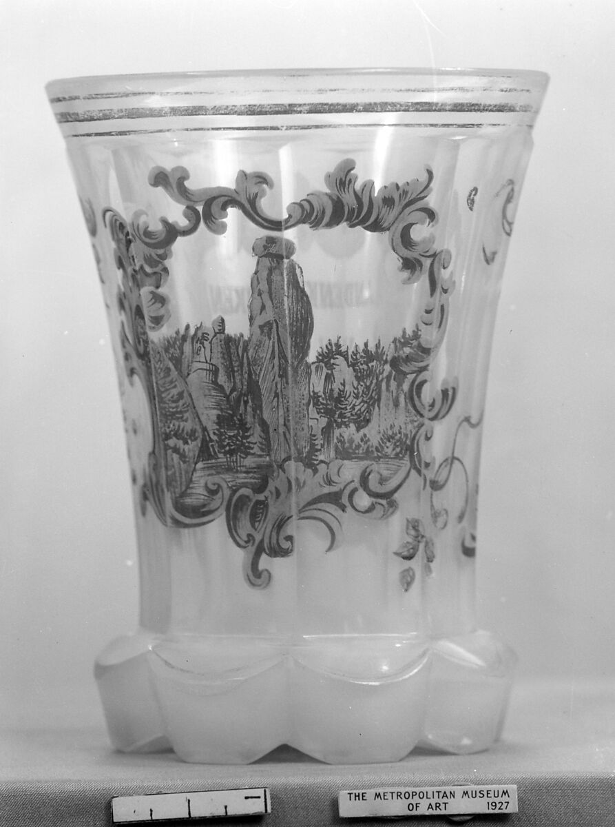 Beaker, Opal glass, enamel with gilt flourishes, Bohemian 