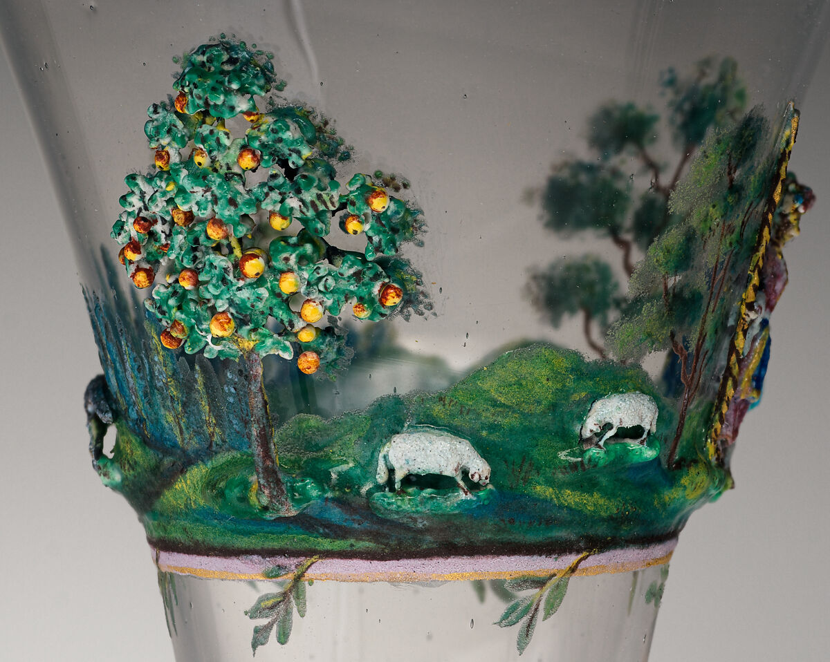 Shepherd and shepherdess in a landscape, Johann Heinrich Meyer (1680–1752, Dresden), Glass, enamel lampwork, Italian, Venice (Murano) glass with German, Dresden lampwork