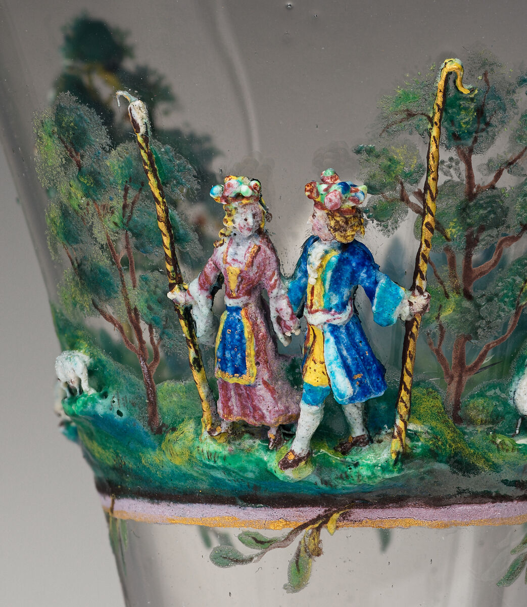 Shepherd and shepherdess in a landscape, Johann Heinrich Meyer (1680–1752, Dresden), Glass, enamel lampwork, Italian, Venice (Murano) glass with German, Dresden lampwork