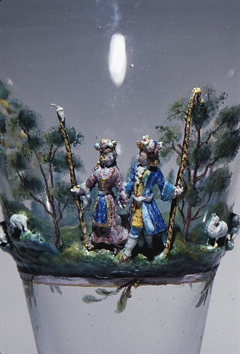 Shepherd and shepherdess in a landscape, Johann Heinrich Meyer (1680–1752, Dresden), Glass, enamel lampwork, Italian, Venice (Murano) glass with German, Dresden lampwork
