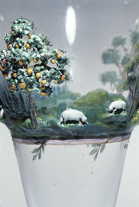 Shepherd and shepherdess in a landscape, Johann Heinrich Meyer (1680–1752, Dresden), Glass, enamel lampwork, Italian, Venice (Murano) glass with German, Dresden lampwork