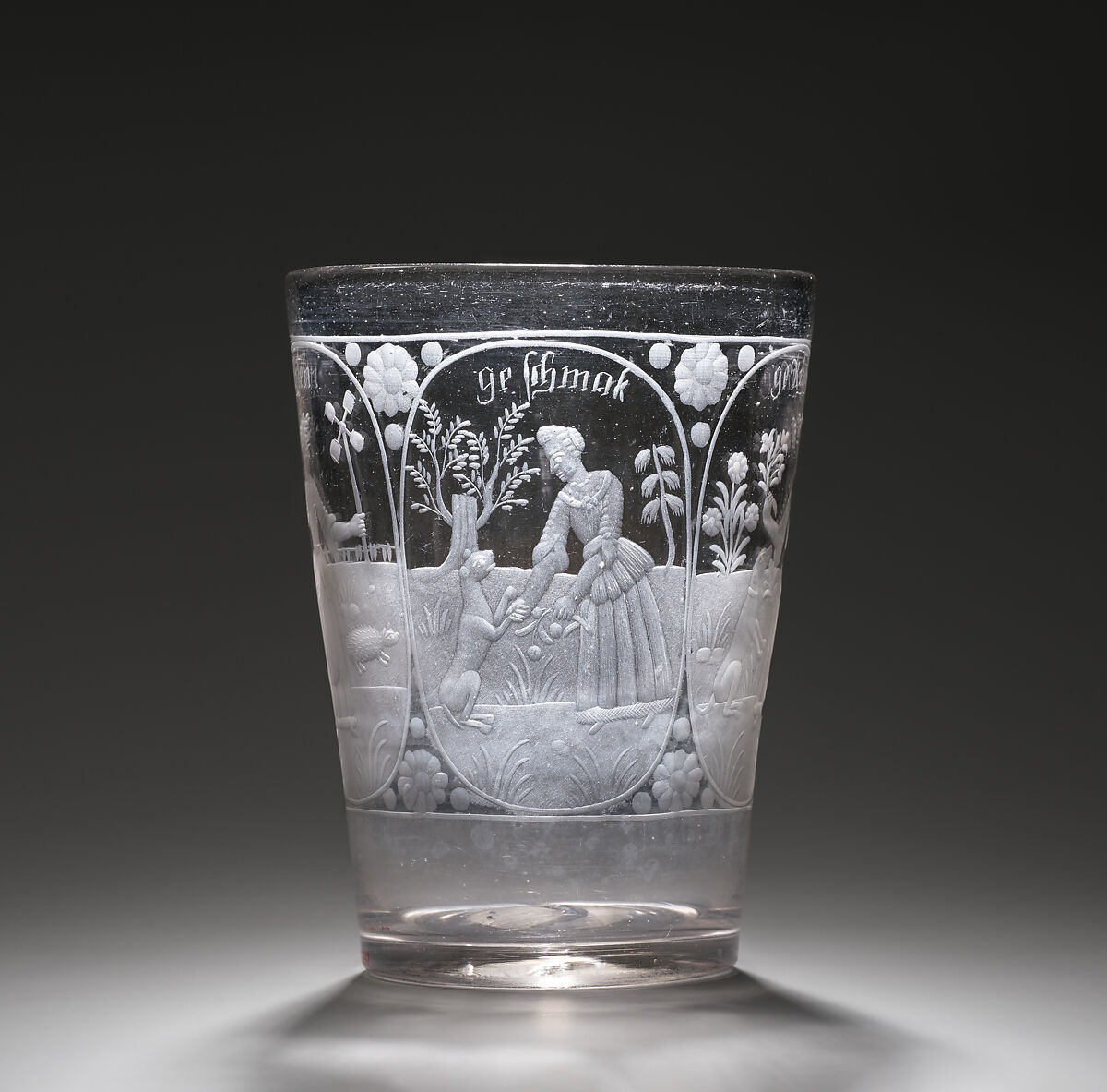 Beaker with allegorical figures of the Senses, Glass, Bohemian