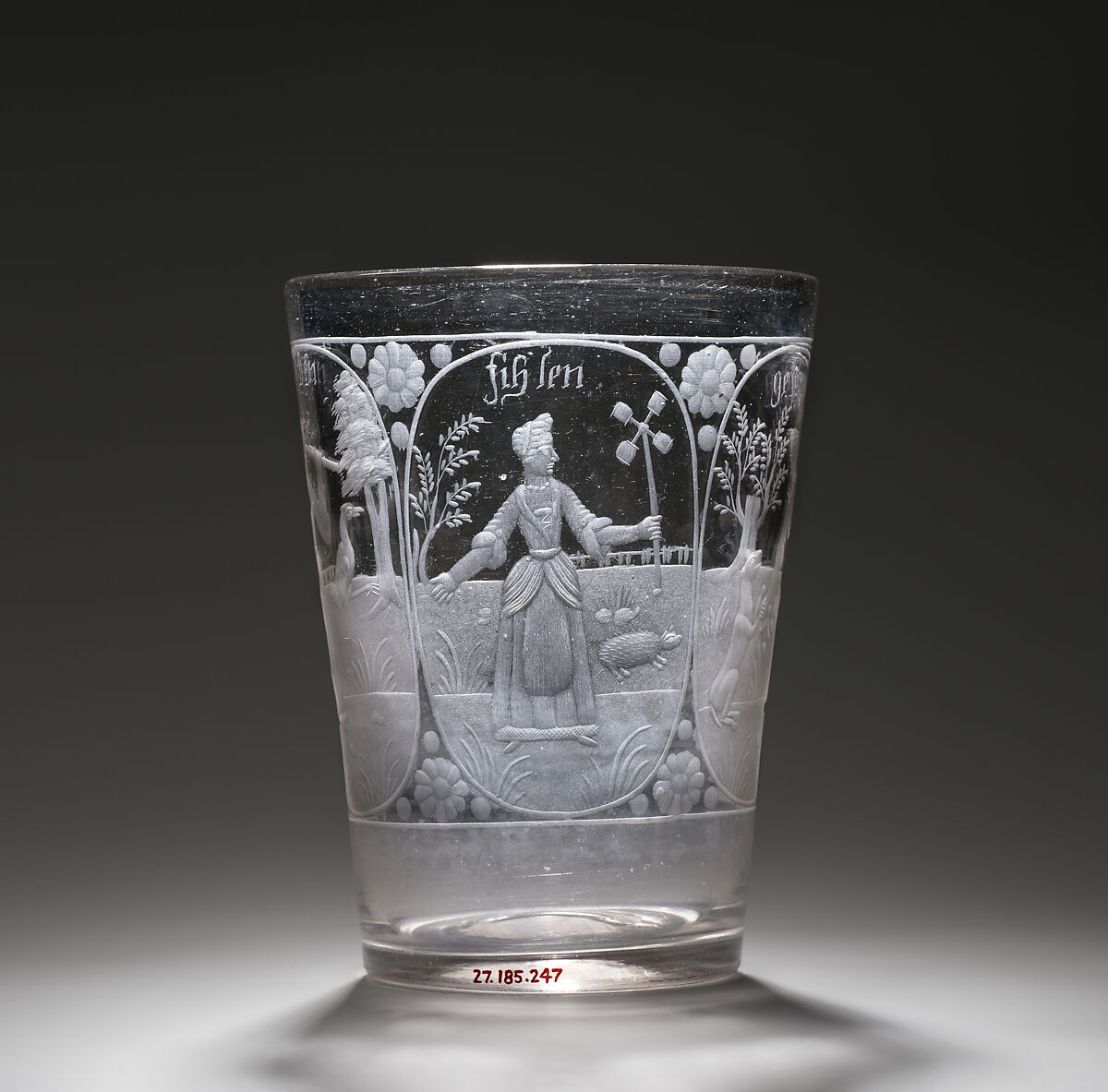 Beaker with allegorical figures of the Senses, Glass, Bohemian