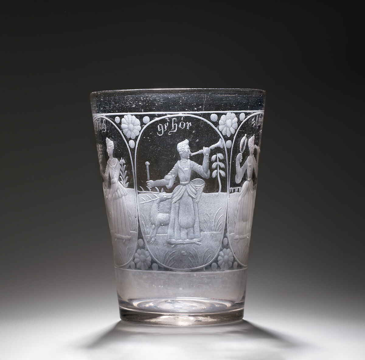 Beaker with allegorical figures of the Senses, Glass, Bohemian