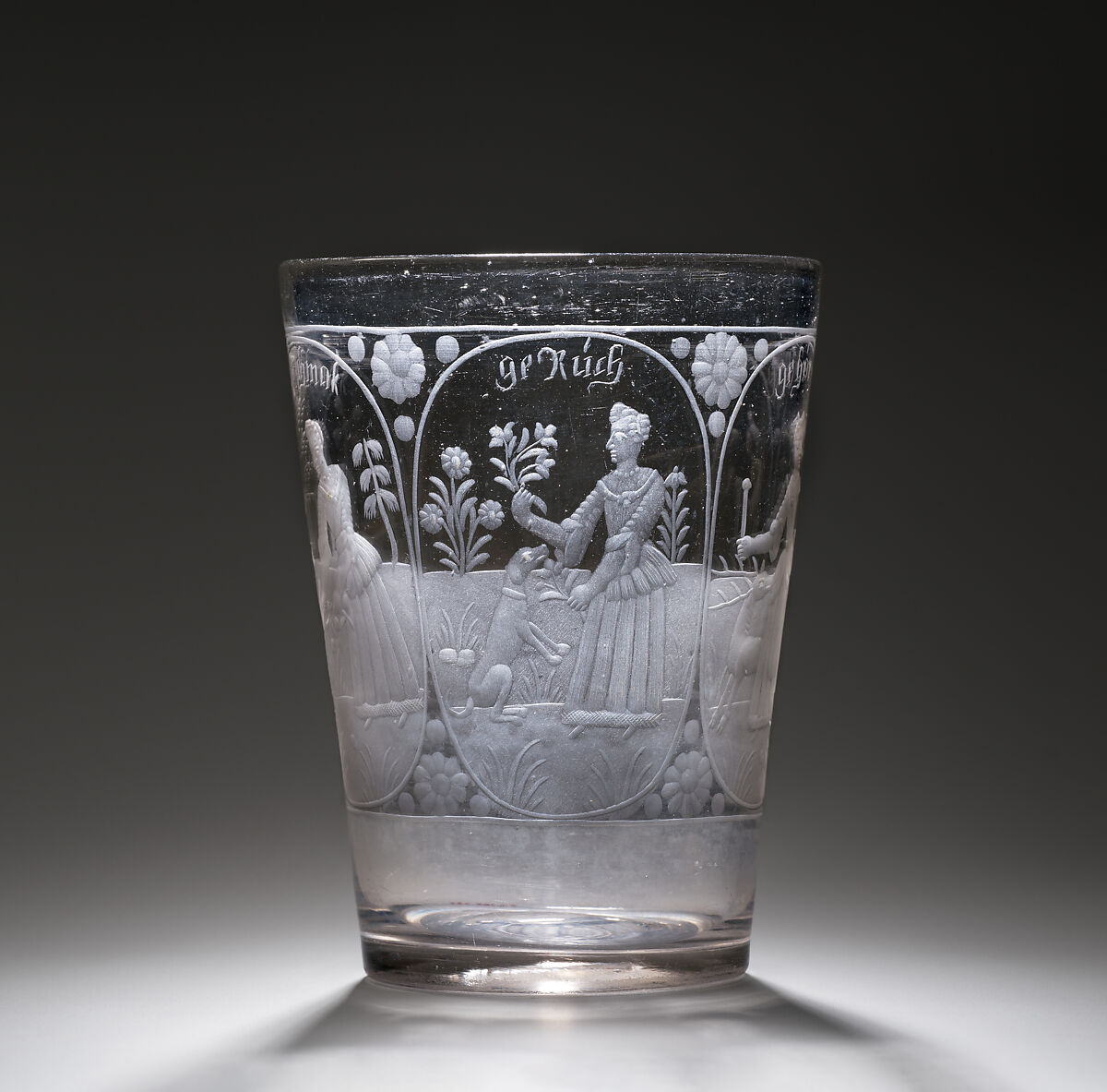 Beaker with allegorical figures of the Senses, Glass, Bohemian
