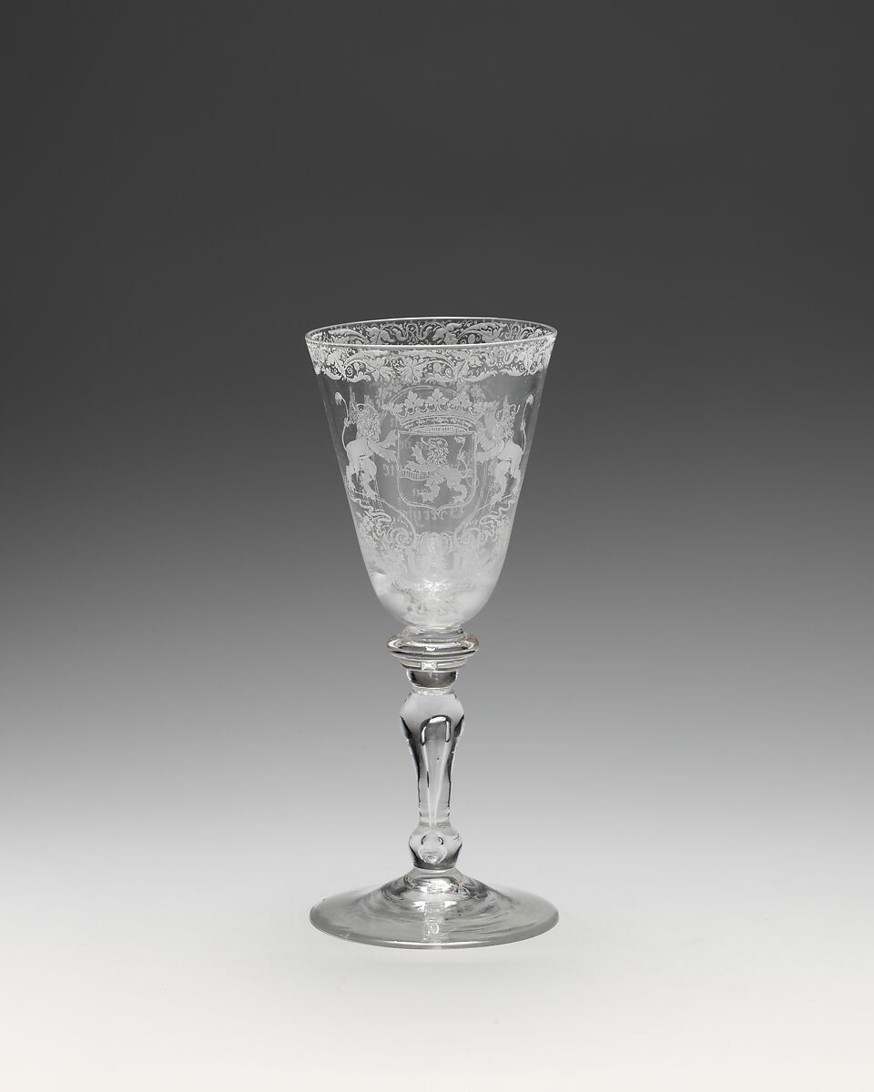 Wineglass with arms of the Province of Overyssel, Style of A. C. Schonck (active 1753), Glass, British, Newcastle glass with Dutch engraving 