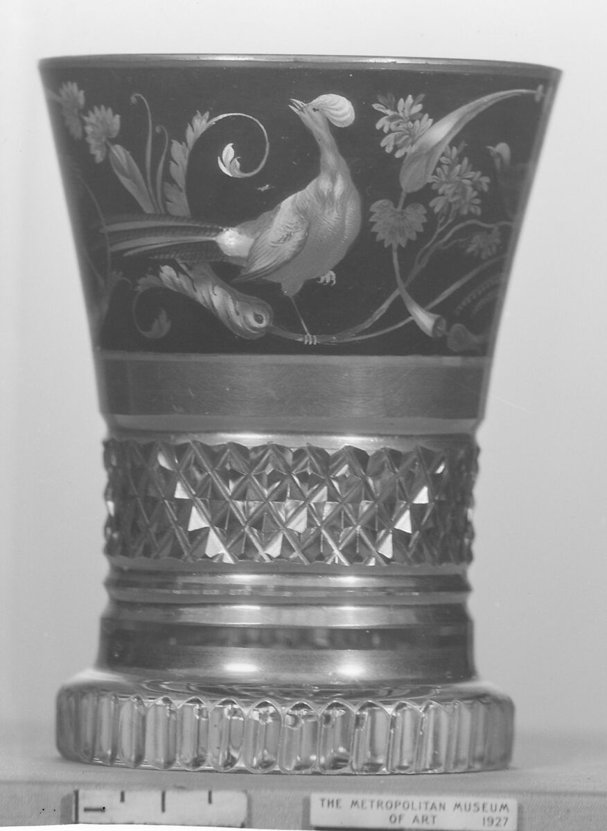 Beaker (Ranftbecher), Decoration in the manner of Anton Kothgasser (Austrian, 1769–1851), Glass, cut, enameled, and gilt, Austrian, Vienna 