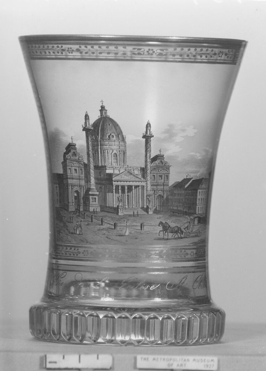 Beaker with view of the Karlskirche, Vienna, Anton Kothgasser (Austrian, 1769–1851), Glass, enameled and gilt, Austrian, Vienna 