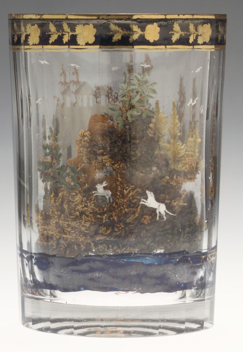 Dog chasing a rabbit in a landscape with dacha and hut, Alexander Vershinin (active 1795–1822), Glass, enamel; moss, straw, paper, sand, stone, clay and mica, Russian, Nikolskoye Pestrovka 