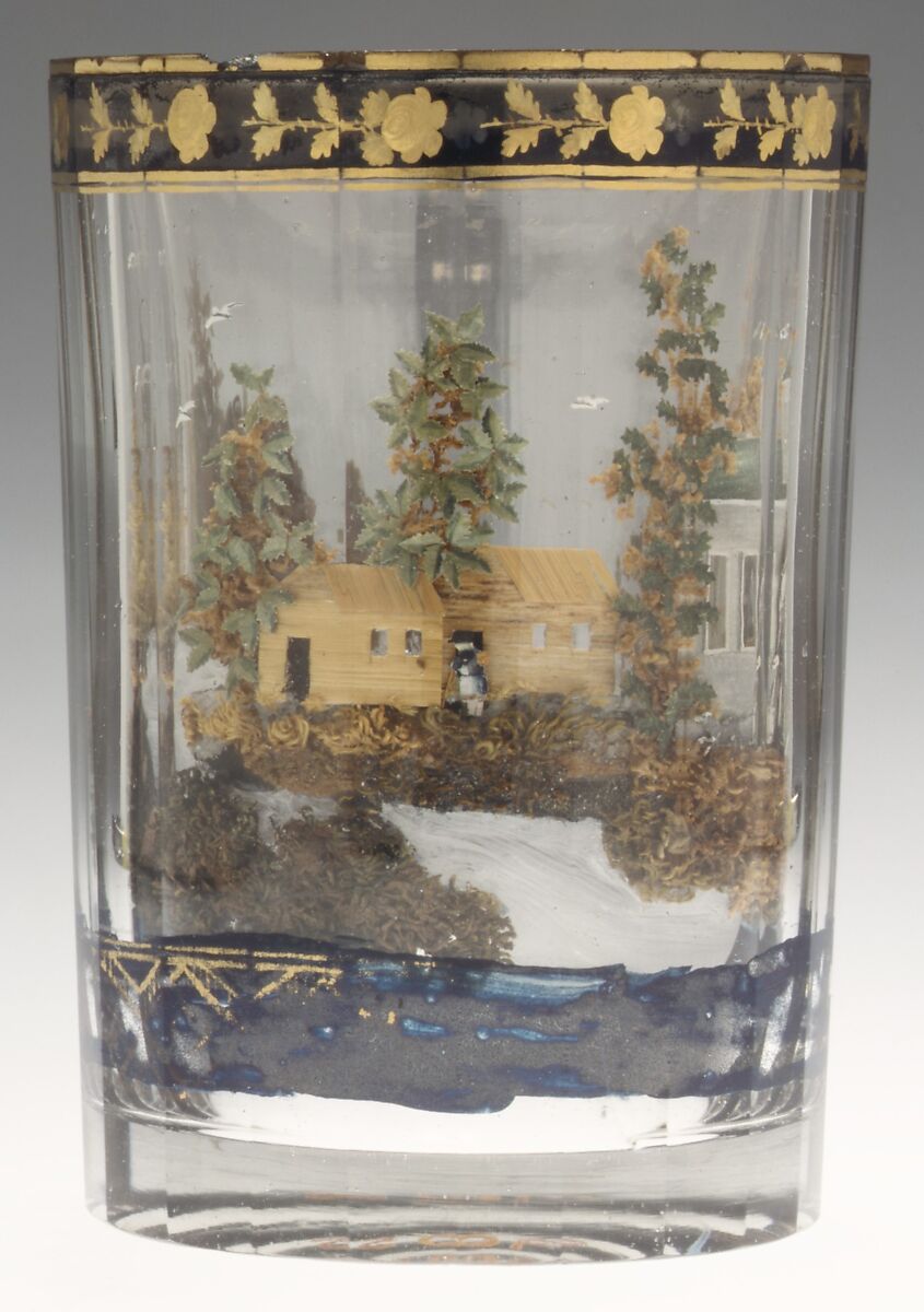 Dog chasing a rabbit in a landscape with dacha and hut, Alexander Vershinin (active 1795–1822), Glass, enamel; moss, straw, paper, sand, stone, clay and mica, Russian, Nikolskoye Pestrovka