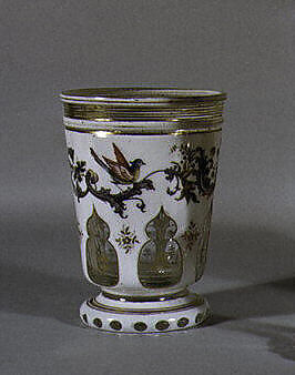 Beaker, Harrachsche Hütte, White overlay glass, cut, polished, enameled, and gilt, Bohemian, Neuwelt (Nový Svet) with Prague decoration 