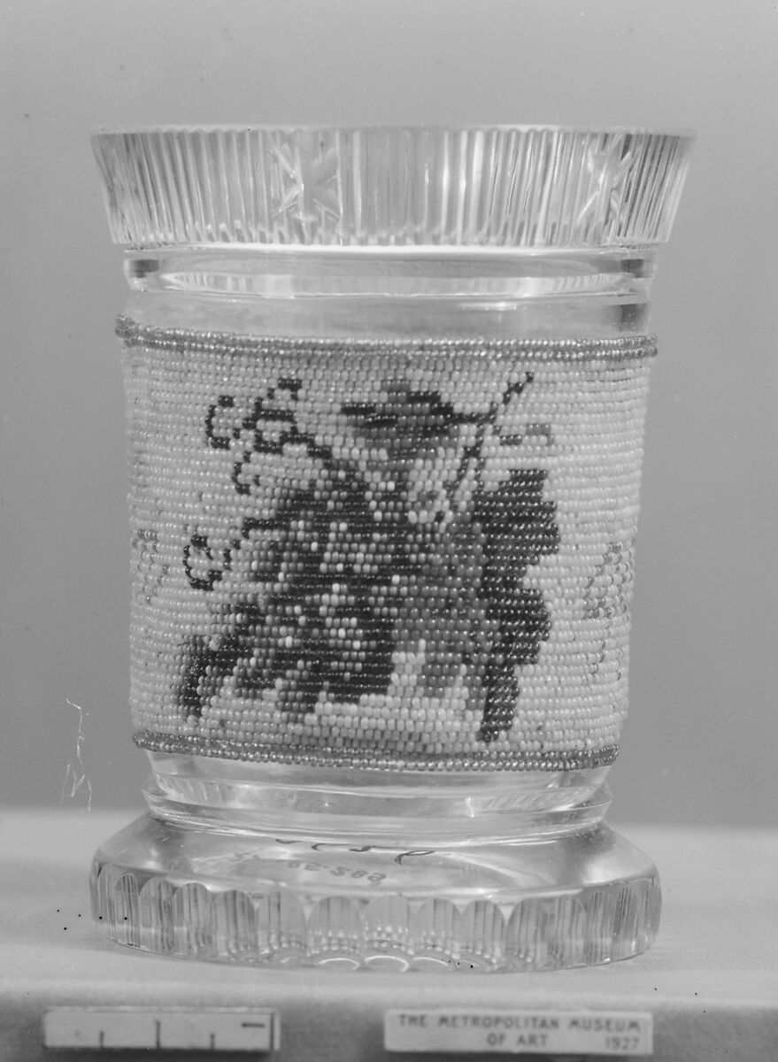 "Bon Appétit", Glass, cut and polished, glass beads, and silk net, Bohemian 