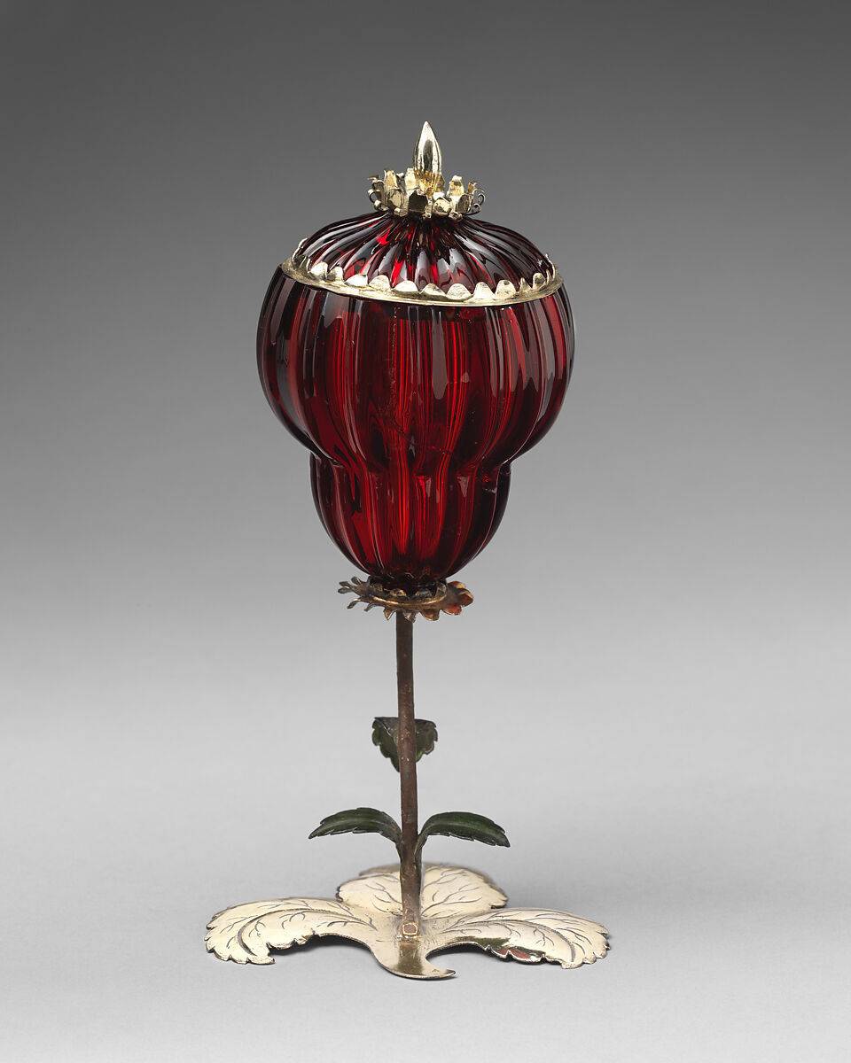 Standing cup with cover, Mounts by Matthäus Baur II (ca. 1653–1728, master ca. 1681), Gold-ruby glass, silver-gilt mounts, German glass with Augsburg silver mounts