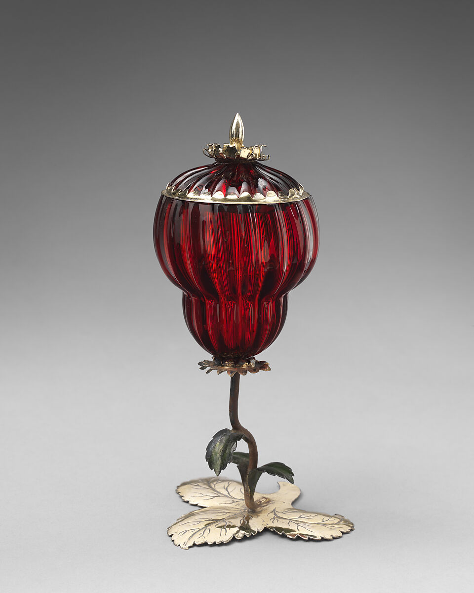 Standing cup with cover, Mounts by Matthäus Baur II (ca. 1653–1728, master ca. 1681), Gold-ruby glass, silver-gilt mounts, German glass with Augsburg silver mounts 