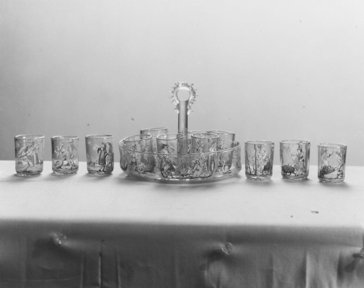 Schnapps glass (one of twelve), Glass, enamel, German, Nuremberg