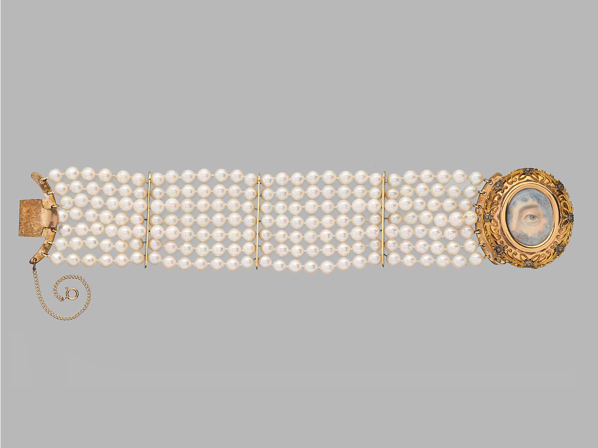 Lover's Eye bracelet, Watercolor and ivory set in a gold case attached to a seven strand pearl bracelet, Probably British
