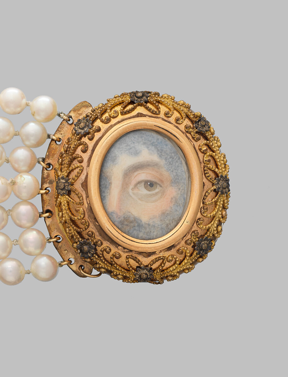 Lover's Eye bracelet, Watercolor and ivory set in a gold case attached to a seven strand pearl bracelet, Probably British