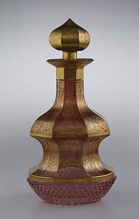 Bottle with stopper, Pink-flashed glass, cut, polished, and gilt, Bohemian 