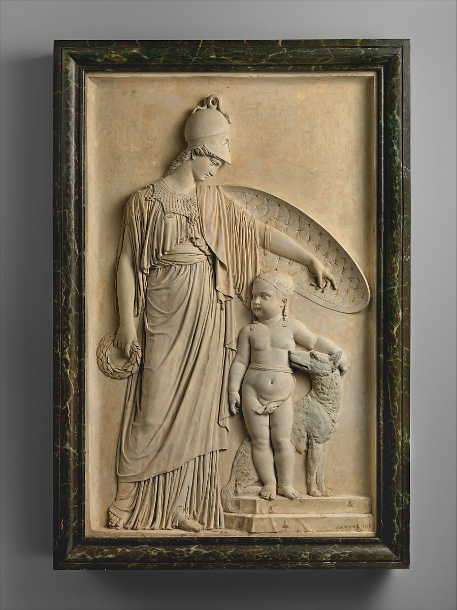 Minerva Protecting the Young King of Rome, Joseph-Antoine Romagnési  French, Relief: plaster, painted to resemble yellowish stone; frame: green marbleized wood, French