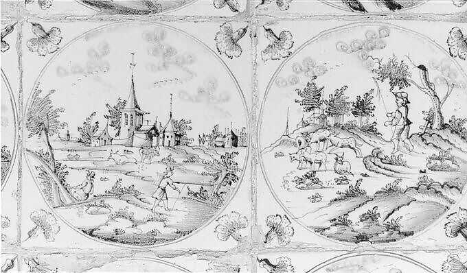 Tiles (16), Tin-glazed earthenware, Dutch