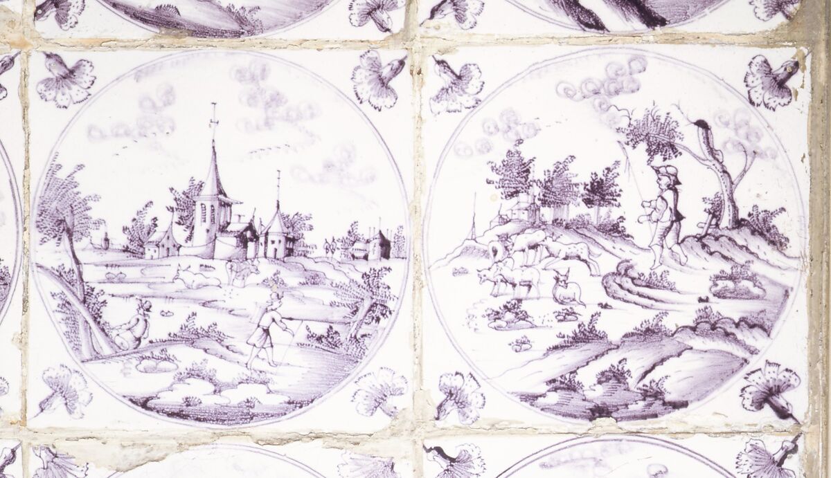 Tiles (16), Tin-glazed earthenware, Dutch