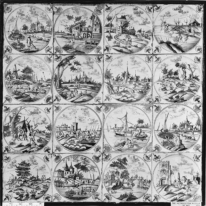 Tiles (16), Tin-glazed earthenware, Dutch