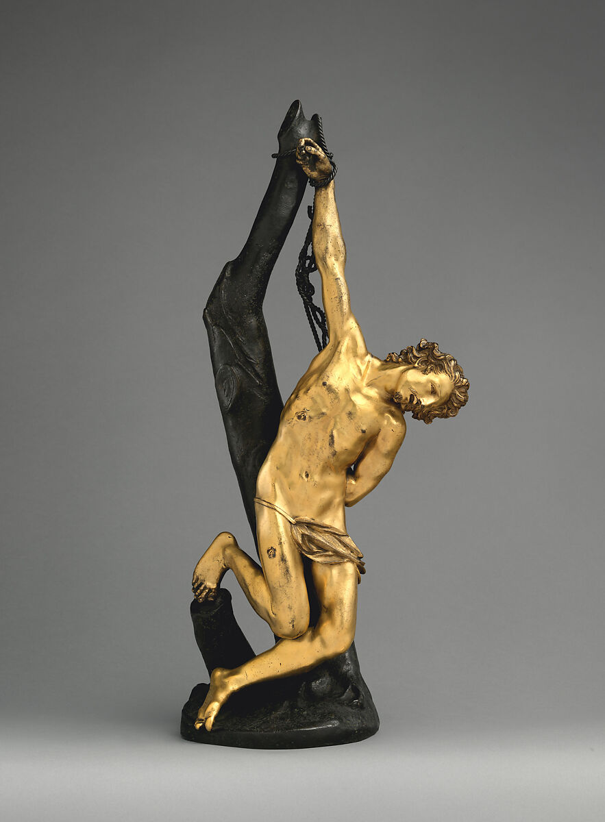 Saint Sebastian, Possibly after a model by Pietro Tacca (Italian, Carrara 1577–1640 Florence), Bronze, fire-gilt, on later patinated bronze trunk, Possibly Italian 
