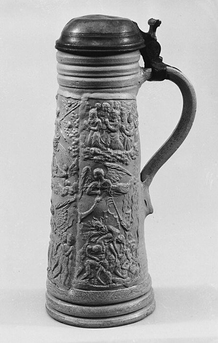 Tankard (Schnelle) with The Last Judgment, F. Trac (active 1559–68), White stoneware, pewter, German, Siegburg 