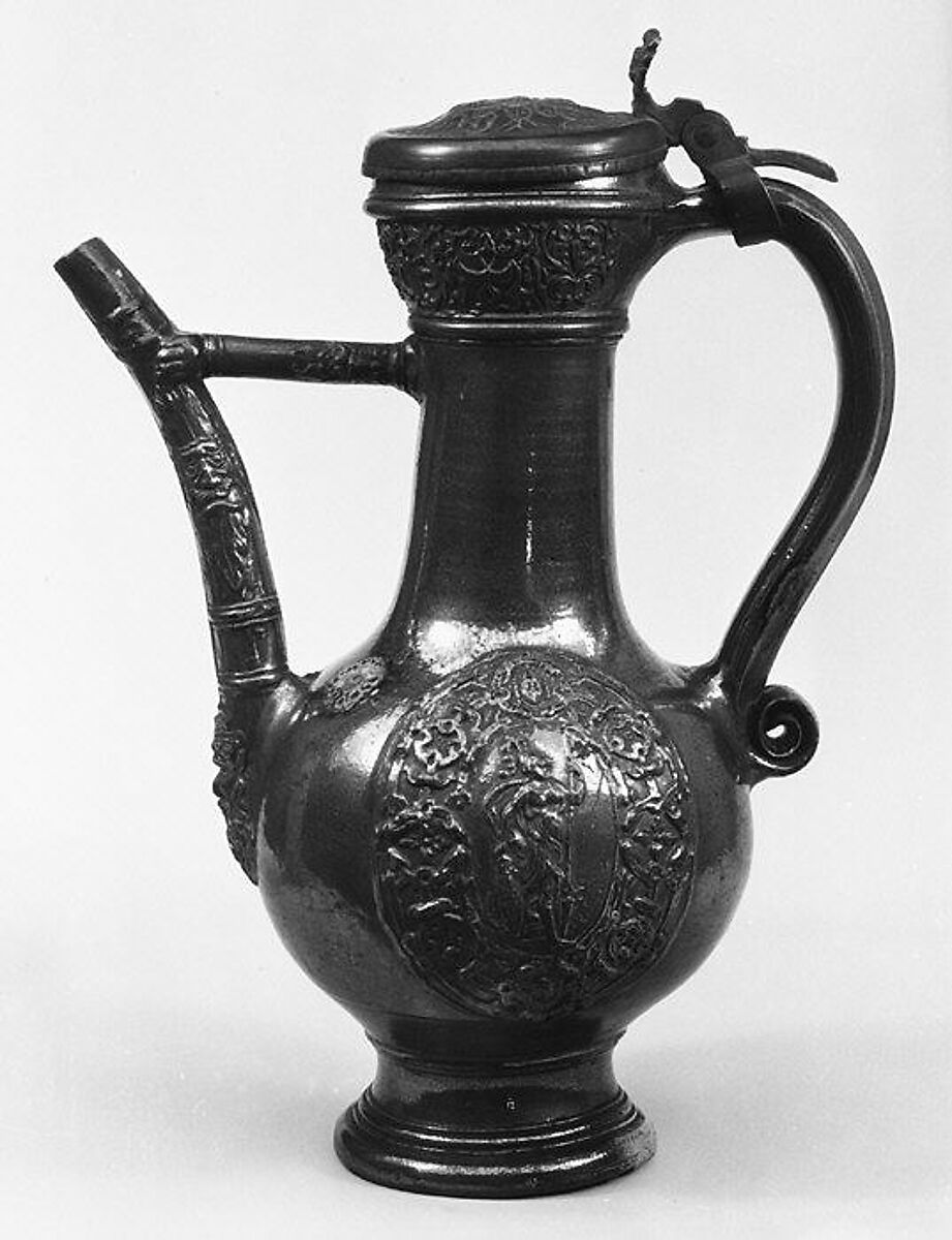 Ewer, Jan Emens (ca. 1480–1554), Glazed stoneware, pewter, Flemish, Raeren 