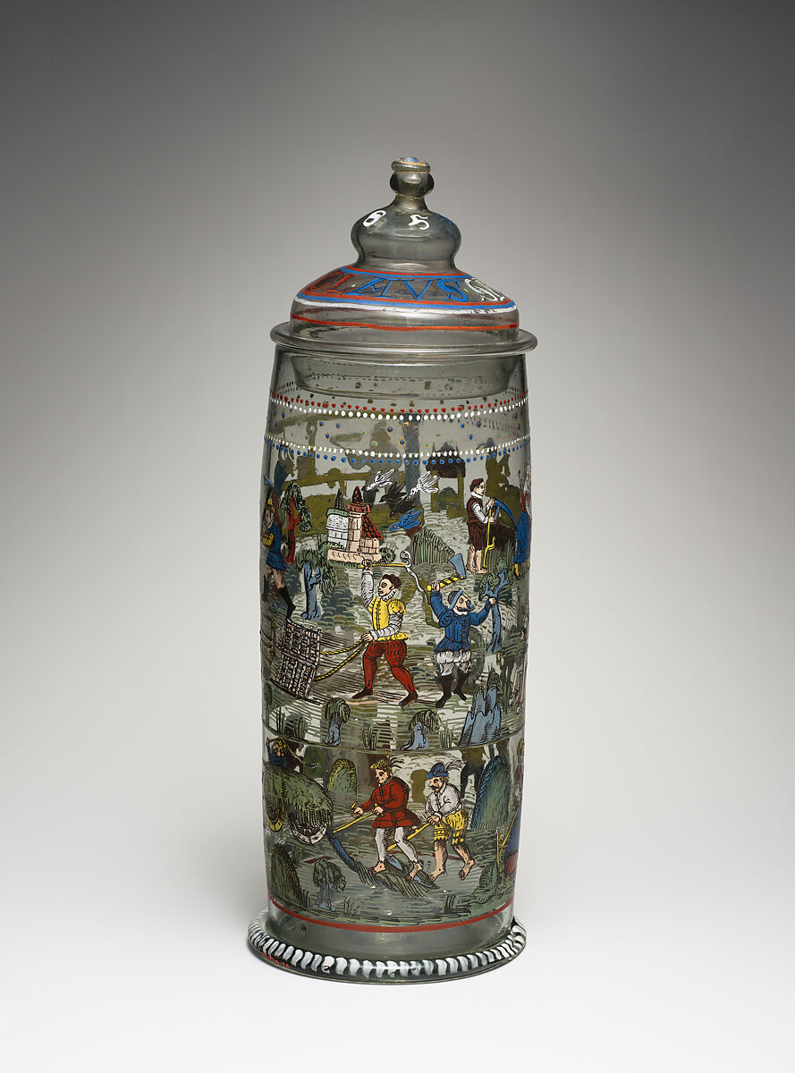 Beaker with cover, Glass, enamel, German